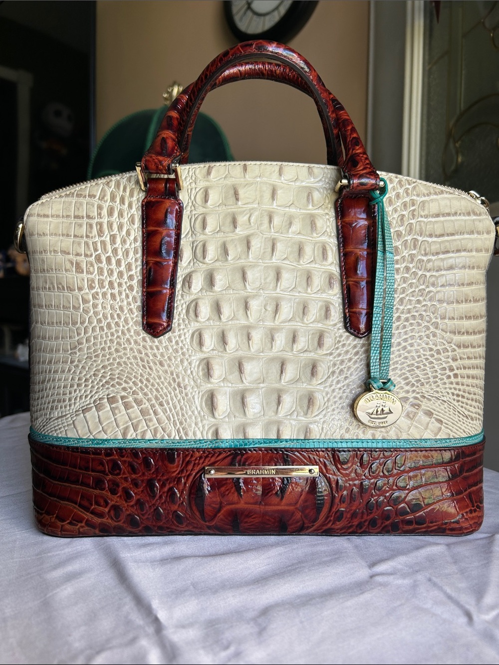 Brahmin ivory Chestnut & Teal Croc-Embossed Melbourne satchel